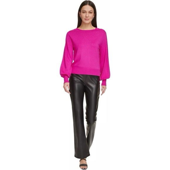 DKNY Pink Studded Crewneck Sweater Donna Karan Embellished Electric Pink Medium - Picture 4 of 15